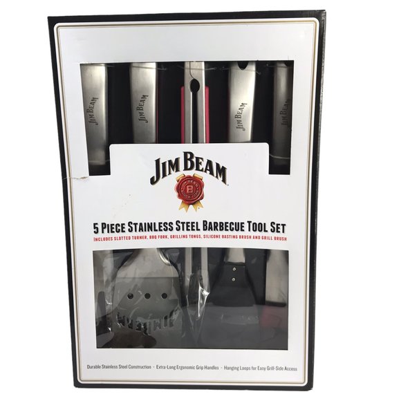 New NWT in Box JIM BEAM 5 Piece Stainless Steel Barbecue BBQ Tool Set.Spatula